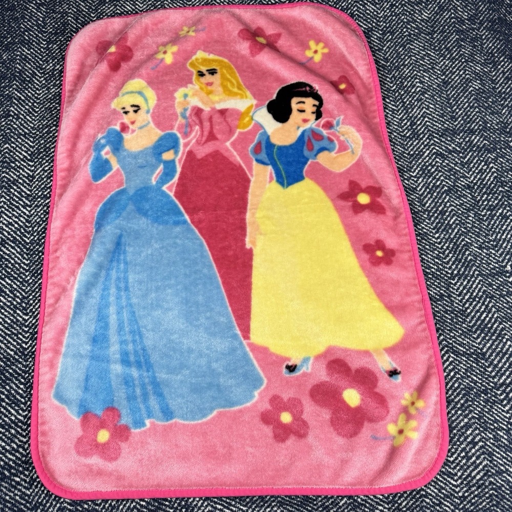 Vintage Disney Plush Baby Blanket Pink Princess Snow White Belle Cinderella